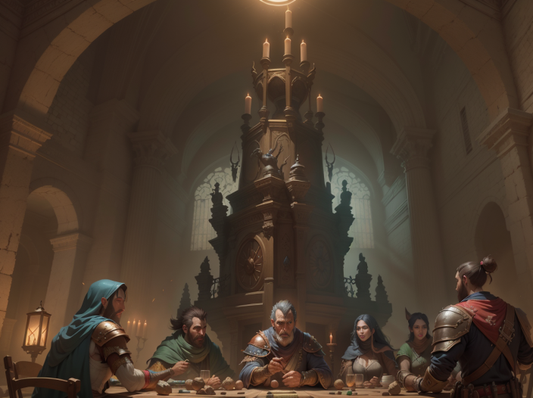 Set of Adventures in a dark tower with a clock - looking over the playspace - using theatre of the mind as our scholar DM explains Geektankgame's approach to theatre of the mind