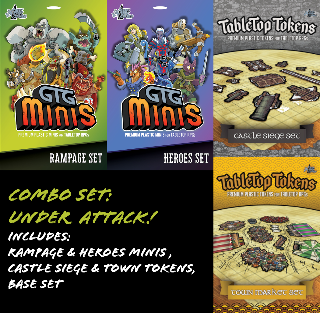 Geektankgames mini and token combo set! Combo is titled UNDER ATTACK! Includes Rampage and Heores set for minis and Castle Siege and Tow market tokens and a Base set! 