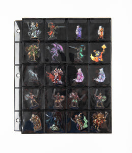 Example of Storage sheet of Small/medium mini slots. Holds 5 rows of 4 minis per row. Sheets are double sided with a flap at the top row