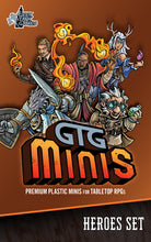 GTG Minis Heroes set - Premium Plastic Minis for Tabletop RPGs. Shows 5 heroes in an attack stance - Human Sorcerer, Elf Druid, Dragonkin Paladin, Gnome Alchemist