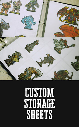 Custom Storage Sheets for Table Top Tokens and Minis. Secure Storage Sheets that with small, medium, large, and giant pouches that fit all of Geek Tank Game's minis & tokens