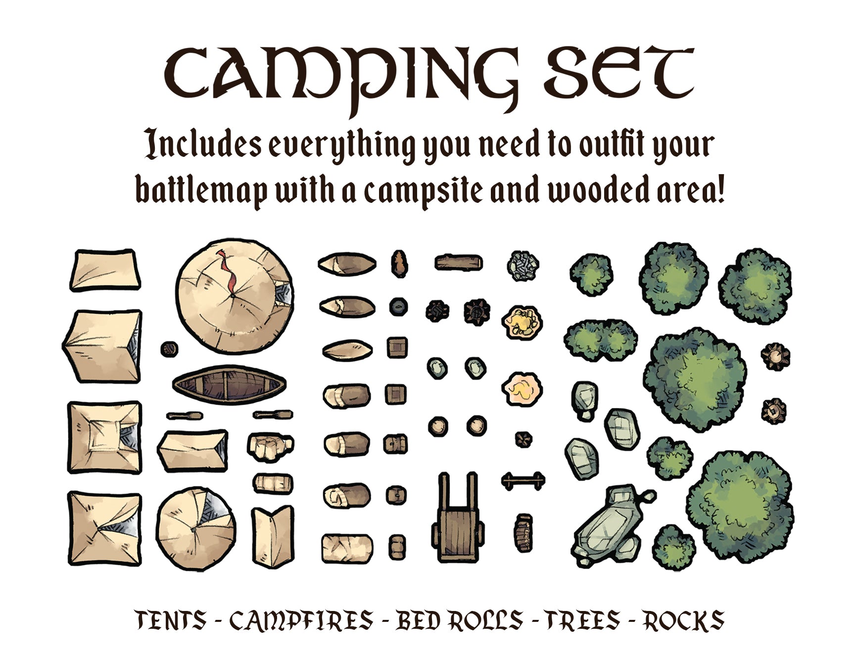Geektankgames camping set - includes everything you need to outfit your battlemap with a campsite and wooded area. includes trees, rocks, camp equipment and more
