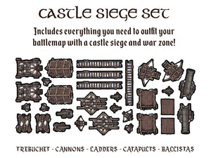 Castle Siege Set includes everything you need to outfit your battlemap with a castle siege and war zone including trebuchets, cannons, ladders, catapults, & ballistae