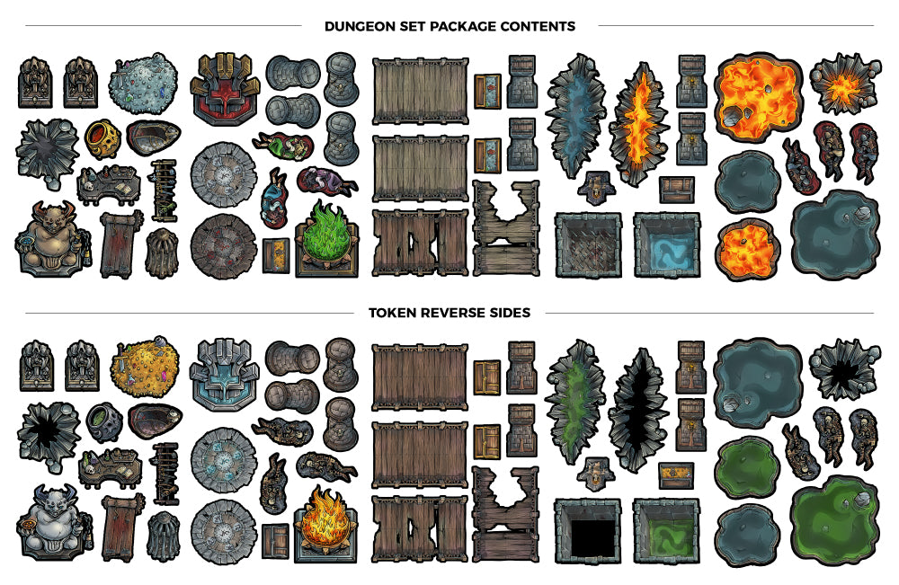 Premium Dungeon Set tokens for tabletop RPGs include Pits, corpses, arcane items and treasure;