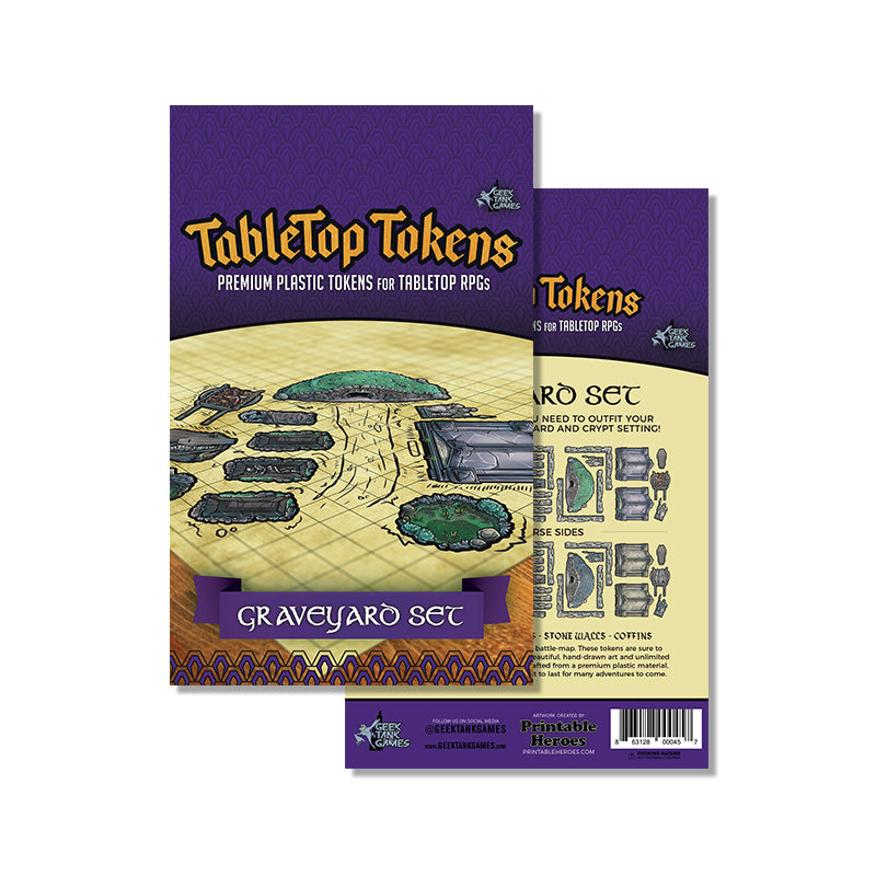 Tabletop tokens by Geektankgames Graveyard set - includes Graves, headstones, bogs, stone walls and coffins;