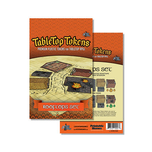 Tabletop Tokens by Geektankgames - rooftop set - premium plastic tokens for tabletop rpgs.. includes Tiled, straw and damaged rooftops, along with tavern interior