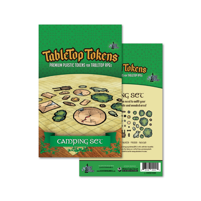GeekTankGames Tabletop tokens - premium plastic tokens for tabletop rpgs and D&D 5e type games. Camping Set. Image includes trees, rocks, tents, sleeping bags, stumps, carriages